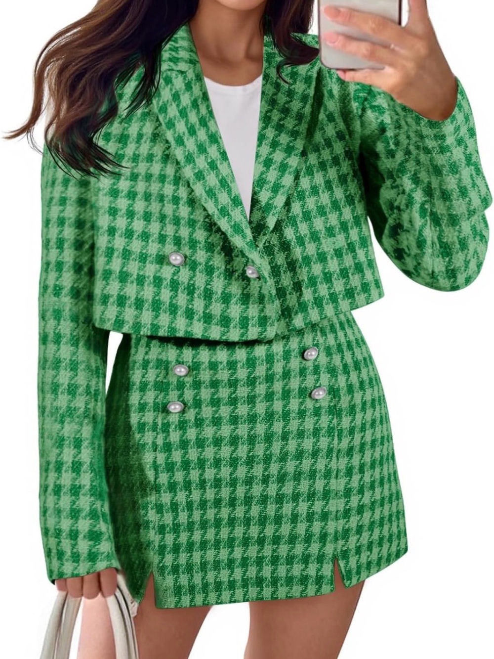 Green Houndstooth Double-Breasted Skirt Set - Women